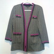 Ming Wang Chevron Knit Cardigan Sweater Jacket Purple Trim Silver Button Detail