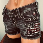 Miss Me Signature Black Patriotic Tattered Flag Embellished Women's Shorts 25