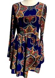 RUSH Women’s Dress Sz S Blue Paisley Western Retro Bell Sleeve