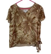 Chadwicks Women Floral Side Tie Top Size 14 Short Sleeve V Neck Lined 100% Silk