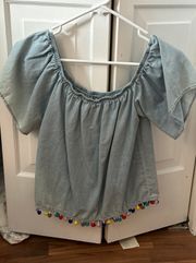 Cravefame Blue Wash Top With Pom Pom Trim 