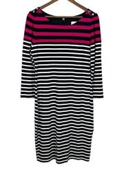 Joseph Ribkoff Dress Womens 12 Black Pink White Stripe Sheath Button 3/4 Sleeve