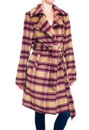 NWT  Carmel & Burgundy Plaid Long Waist Tie Wool Coat