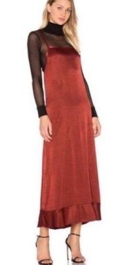 LACAUSA Lucky Slip Dress Midi Crimson Copper Rust  Orange Spaghetti Straps XS