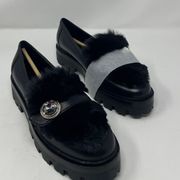 NEW Kate Spade Posh Winter Loafers 7.5 Black Leather Faux Fur Slip On Jeweled