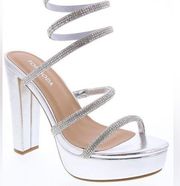 Top Moda Many Secrets Strappy Chunky Heeled Sandals | Rhinestone Silver | Size 6