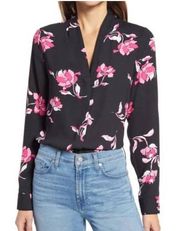 Halogen V-Neck Top in Black Pink Morgana Floral Long Sleeves Button Up Size XS