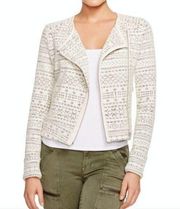 JOIE Pattyn Jacquard Tweed Moto Jacket Cream Ivory Black Cropped Motorcycle MED