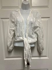 White Gathered Sleeved And Beaded Tassel Tie Front Top