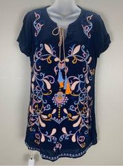 Skies Are Blue  Embroidered orange Pink Tassel Navy Blue Dress Size Medium Boho