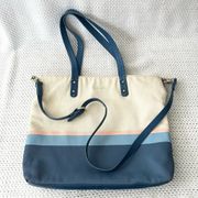 Splendid Beige Blue Pink Stripe Top Zip Tote Convertible Crossbody Beach Casual