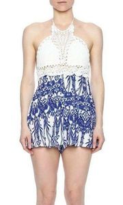 Luxxel Crochet Upper Blue White Printed Halter Romper Women's Size Medium M