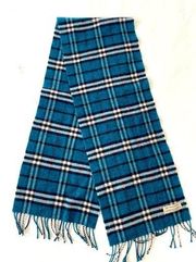 Burberry  Blue Black Plaid Checkered Merino wool Cashmere blend fringe scarf