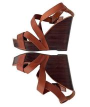 Lauren Ralph Lauren Cognac Leather Wooden Wedge Sandals Size 7.5