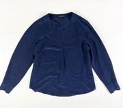 J.Crew  Women's Solid Navy Blue Polished Chiffon V Neck Long Sleeve Blouse Shirt