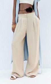 Zara Loose Fit Wide Leg Baggy Pleated Trouser Pants Tan Beige Casual Size Small