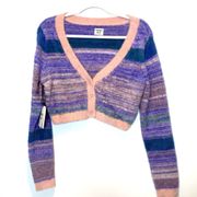 Aritzia Sunday Best Reese Cropped Cardigan Fuzzy Teddy Purple Pink Stripes