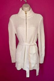 TOMMY HILFIGER NWOT FULL ZIP THICK KNIT BELTED SWEATER WHITE WOMENS SIZE S