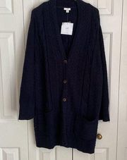 J. Jill Chunky Cable Knit Button Front V Neck Cardigan Navy Size XL NWT