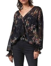 ALLSAINTS Penny Blouse Melisma Print Floral Bird Hi-Low Hem Draped Women's 4