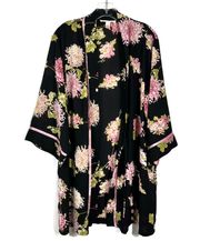 Pink Label Vintage Y2K Black Floral Silky Tie Kimono Robe M