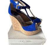 LONDON ELECTRIC BLUE SUEDE WEDGE SANDALS HEELS SIZE 6/36 NIB