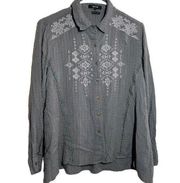 Miss Me Button Down Shirt Collared Aztec Embroidered Long Sleeve Gray Medium