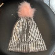 New Adrienne Landau Silver Metallic on Gray Knit Beanie w Pink Pom Pom