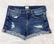 SNEAK PEEK Women’s Mid-Rise Distressed Cuffed Blue Denim Shortie Shorts Small