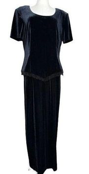 Dressbarn Long Black Velvet Party Formal Cocktail Dress Beaded Fringe Stretch 14