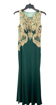 DAVE & JOHNNY Size 3/4 Green & Gold Embroidered Top Long Gown Holiday Prom Dress