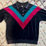 Vintage 80s Retro  Velour Chevon Long Sleeve Snap Top - S