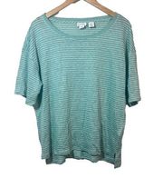 Nicole Miller Linen T-Shirt Short Sleeve Turquoise with White Stripes Size Large