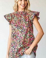 Floral Print Flutter Sleeve Top Size Medium Ruffle Cotton