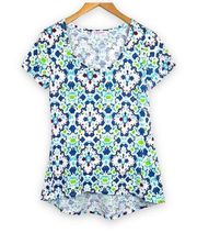 Fresh produce blue green geometric print high low hem short sleeve tee shirt