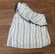 Chelsea & Violet Black and White One Shoulder Ruffle Trim Pom Pom Blouse Shirt