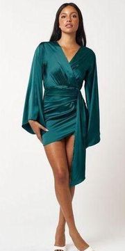 Blue Blush Emerald Long Sleeve Satin Drape Mini Dress Sz M NEW