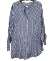 Sigrid Olsen 100 % Linen Blue & White Striped Long Tunic Shirt Size Large