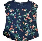 Van Huesen Blue women Top floral Spring print blouse  size S Small