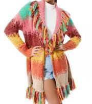 Alice + Olivia Astrid Shawl Collar Multi Color Fringe Wool Blend Sweater XS/S