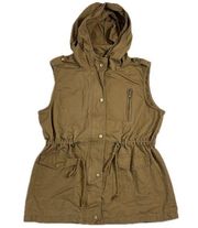 Zenana Women's Large Tan Utility Vest Khaki Hooded Sleeveless Jacket