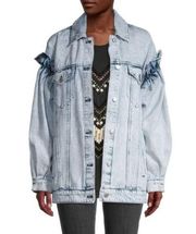 Anthropologie Avec Les Filles Ruffle Sleeve Acid Wash Oversized Denim Jacket