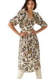 Ba&Sh Vienne Printed Crepe Midi Dress Flower Leaf Print Cream Size 8 NWT