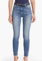 MOTHER Denim High Waisted Looker Jeans, Distressed Ripped Light Blue Wash, 25