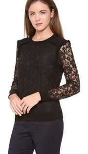 Tory Burch Dina 100% Merino Wool Black Lace Sleeves Crew Neck Sweater Size Small