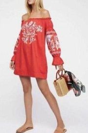 Free People Women's Off the Shoulder Red Floral Embroidered Mini Dress Size XS