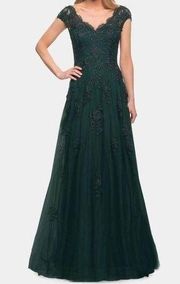 La Femme Embellished Tulle & Lace A-Line Gown Dark Emerald Size 4 NEW MSRP $599