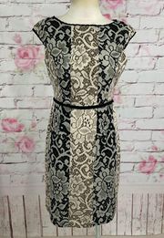 Maggy London cap sleeve tan black lace look sheath dress