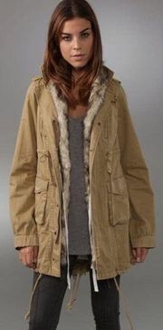 Size S Faux Fur Trimmed Parka Utility Jacket Removable Lining Khaki