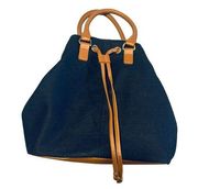 Navy Blue Wool Tote w Leather Straps